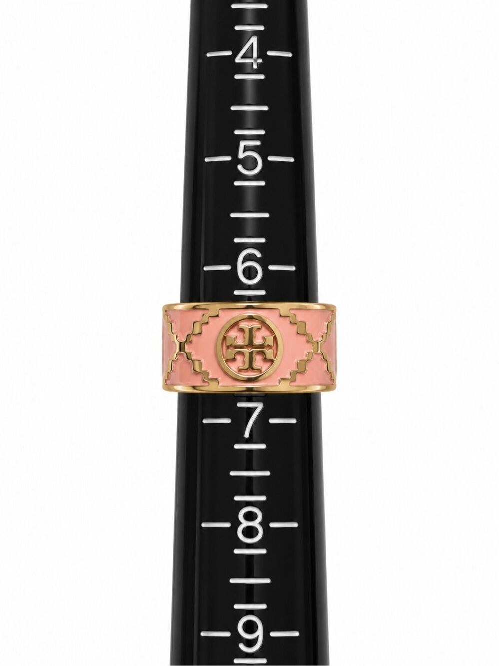 Tory Burch Pink Enamel Gold Tone Double T Logo Wide Band Ring Size 7